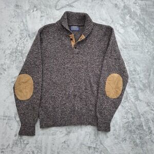 VTG Pendleton Wool Shawl Neck Sweater Men's M Elbow Pads Leather Buttons Brown